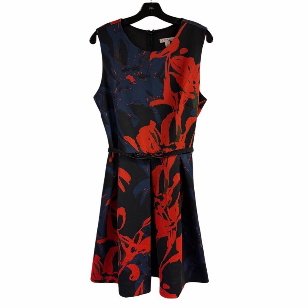 Dress Barn Scuba Red Blue Print Belted Dress with Pockets Size 16